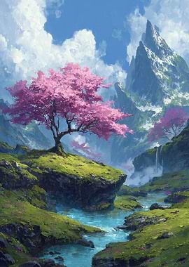 Cherry Blossom Landscape Painting