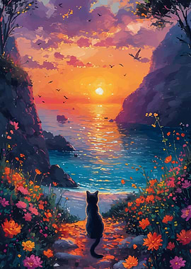 Cat Watching Sunset by the Sea