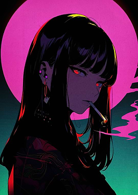 Anime Girl Smoking with Pink Moon