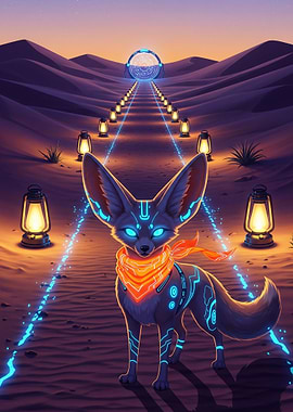 Cyberpunk Fennec Fox in Desert Landscape