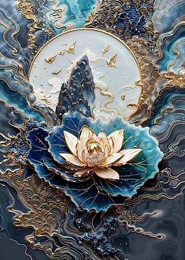 Golden Lotus and Mountain Digital Art