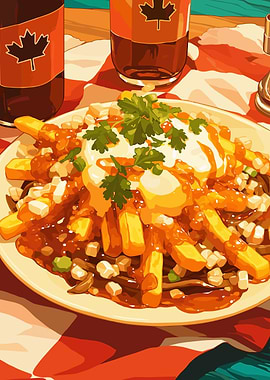 Poutine with Canadian Maple Syrup Bottles