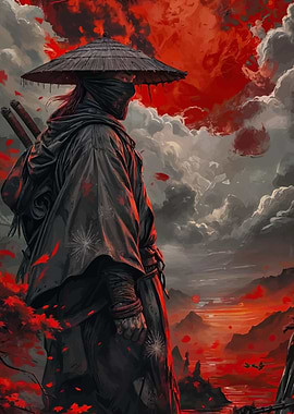 Samurai Warrior in Red Landscape