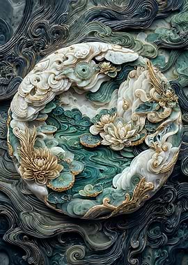 Ornate Floral Water Lily Stone Carving