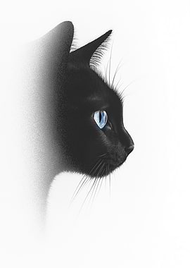 A minimalist cat portrait with blue glowing eyes