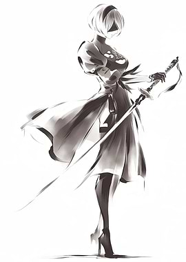 2B Nier Automata Monochrome Illustration