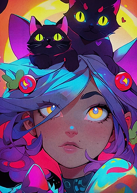 Anime Girl with Cats
