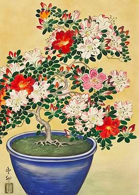 Azalea Bonsai in Blue Pot Painting