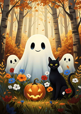 Halloween Ghosts, Cat, and Pumpkin