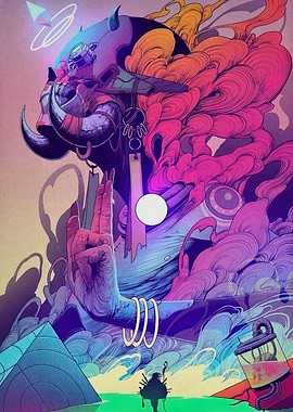 Abstract horned figure with geometric elements