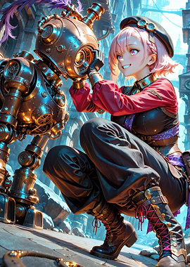 Steampunk Girl with Robot Companion