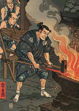Japanese Blacksmith Ukiyo-e Style Art