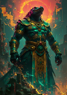 Anthropomorphic Crocodile Warrior with Golden Armor