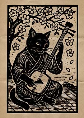 Cat playing Shamisen under Cherry Blossoms