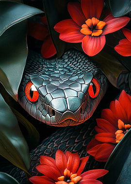 Snake with Red Flowers
