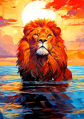 Lion in Water Digital Art