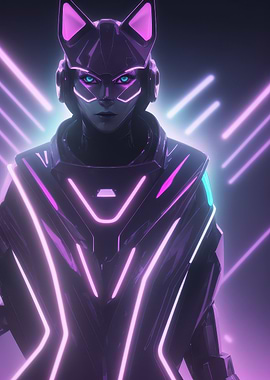 Neon Cyber Cat Warrior - Futuristic Cyborg Portrait with Pink & Teal Lights