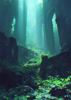 Overgrown Ruins with Light Rays