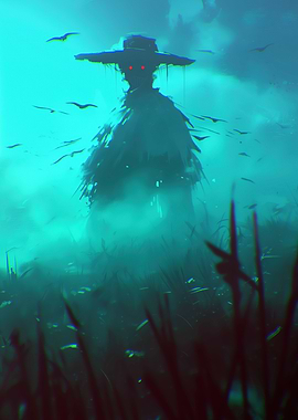 Eerie Scarecrow in Teal Landscape