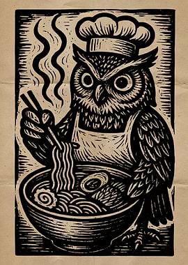 Owl Chef with Ramen Woodcut Print