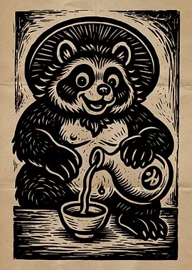 Tanuki Pouring Sake Woodcut Print