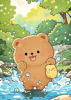 Cute Bear Cub Splashing Water