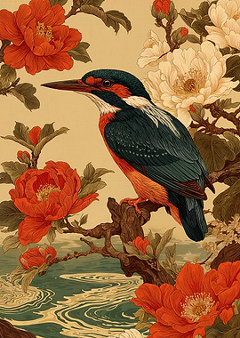 Kingfisher bird with flowers illustration