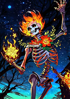 Floral Skeleton with Fire and Flowers