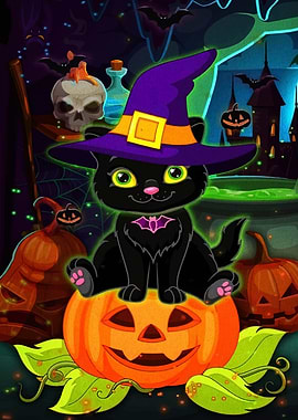 Halloween Cat on Pumpkin