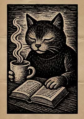 Cat Reading Book with Coffee