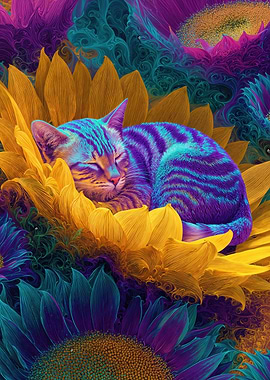 Sleeping Cat in Sunflower Field