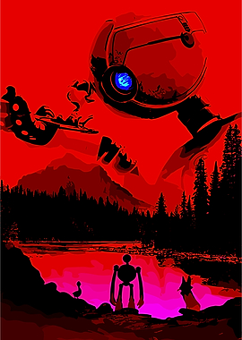 Robot and Giant Orb in Red Landscape