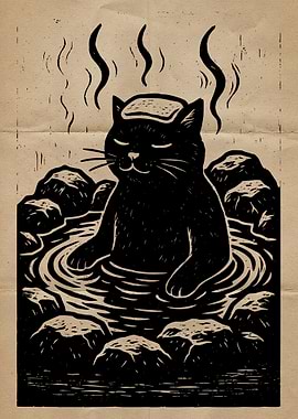 Cat in Hot Spring Woodcut Print