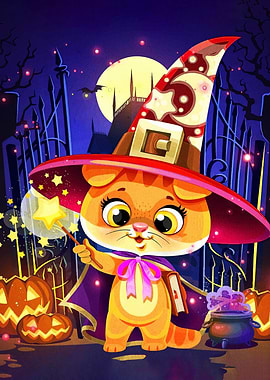 Cartoon Cat Witch Halloween Illustration