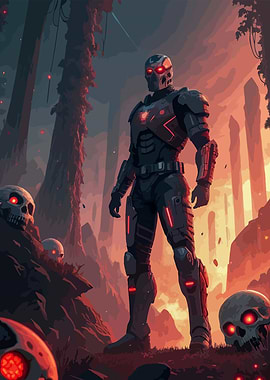 Futuristic Warrior in a Dark Landscape