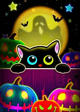 Halloween Cat with Pumpkins and Ghost