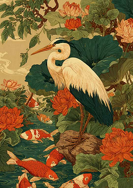 Heron and Koi Fish in Garden