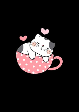 Cute Cat Sleeping in Teacup Illustration