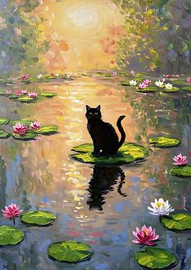 Black Cat on Lily Pad Painting