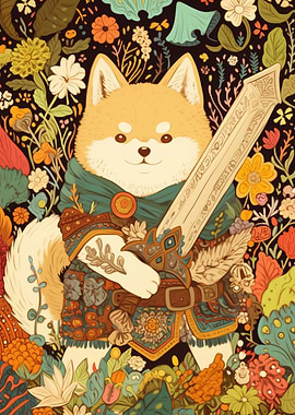 Shiba Inu Warrior in Floral Scene