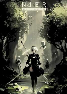 Nier Automata characters in forest setting