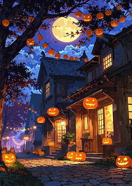 Halloween Night Street with Pumpkin Lanterns