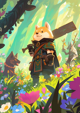 Shiba Inu Warrior in Floral Fantasy Realm