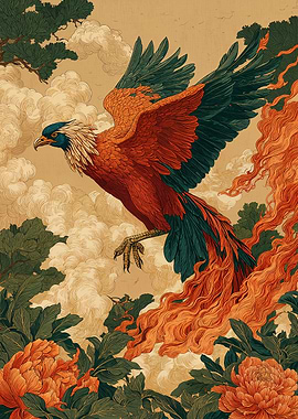 Phoenix in Flight with Floral Accents