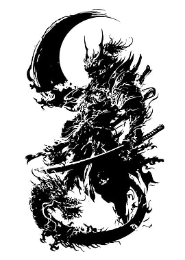 Black and White Dragon Warrior Illustration
