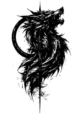 Black Wolf Howling with Circle and Line