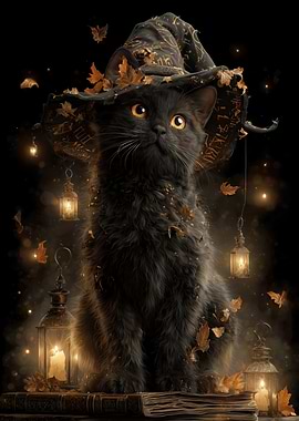 Black Cat Witch with Autumn Leaves