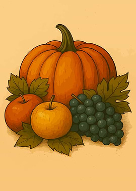 Autumn Harvest Still Life – Pumpkin, Apples & Grapes Rustic Wall Art