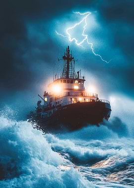 Ship in Stormy Weather with Lightning