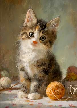 Cute Kitten with Yarn Balls Painting